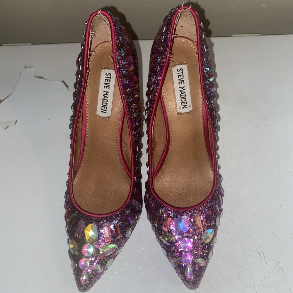 Steve Madden Galaxxie Pumps Fuchsia Glitter Bejeweled Heels Pointed Toe - Sz 9M